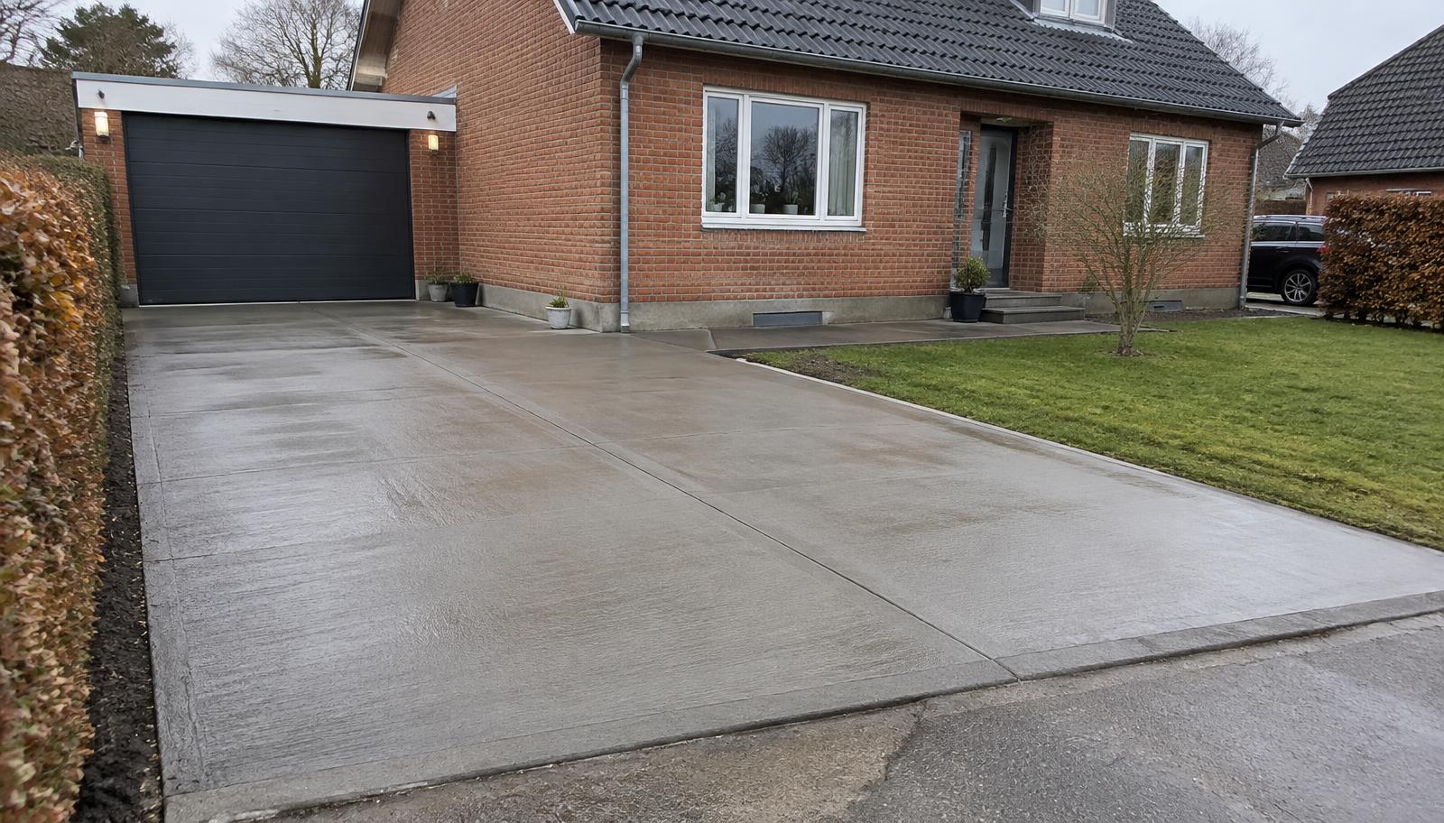 Nystøbt beton indkørsel med kostet overflade foran dansk parcelhus
