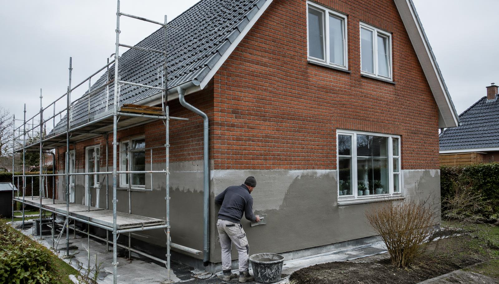 Murer pudser facade på rødt murstenshus med stillads langs gavlen