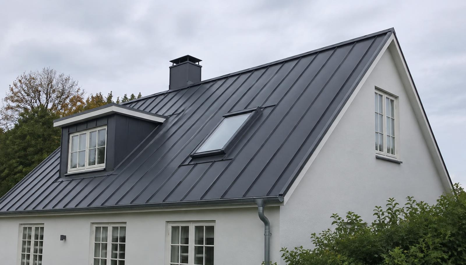 Hvidpudset hus med nyt mørkegråt ståltag med falsede baner