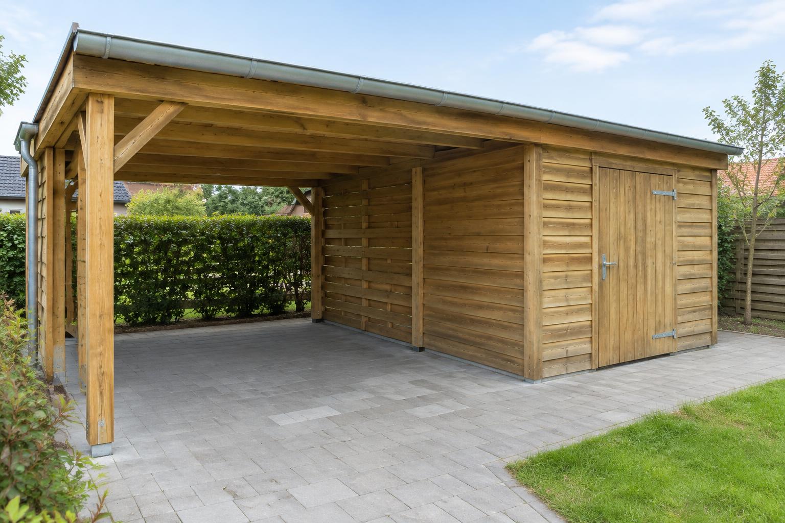 Carport i træ med lukket redskabsrum og flisebelagt underlag