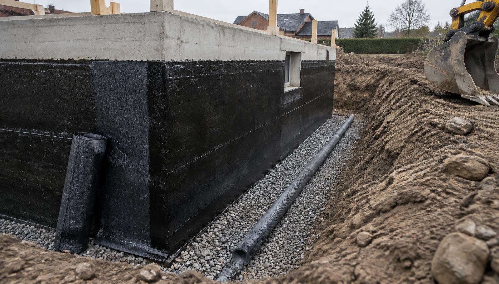 Frigravet fundament behandles med sort fugtmembran, mens drænrør lægges i grus ved soklen