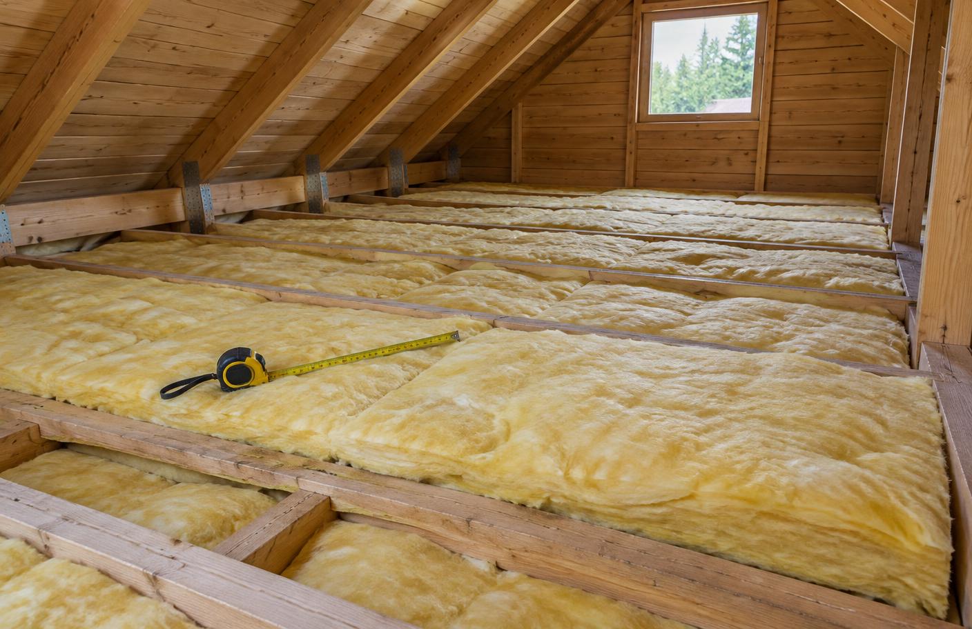 Loft i træsommerhus med gule glasuldsbatts lagt mellem bjælkerne og et målebånd ovenpå isoleringen