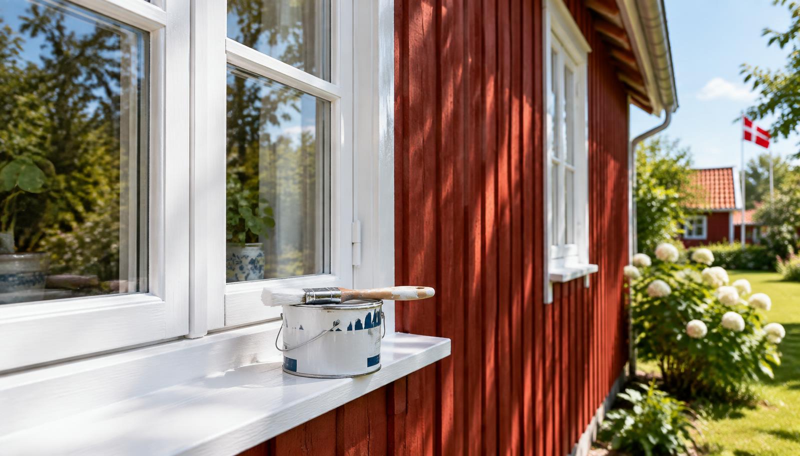 Nymalet hvid vinduesramme og rødt træbeklædt hus med pensel og malerbøtte i karmen