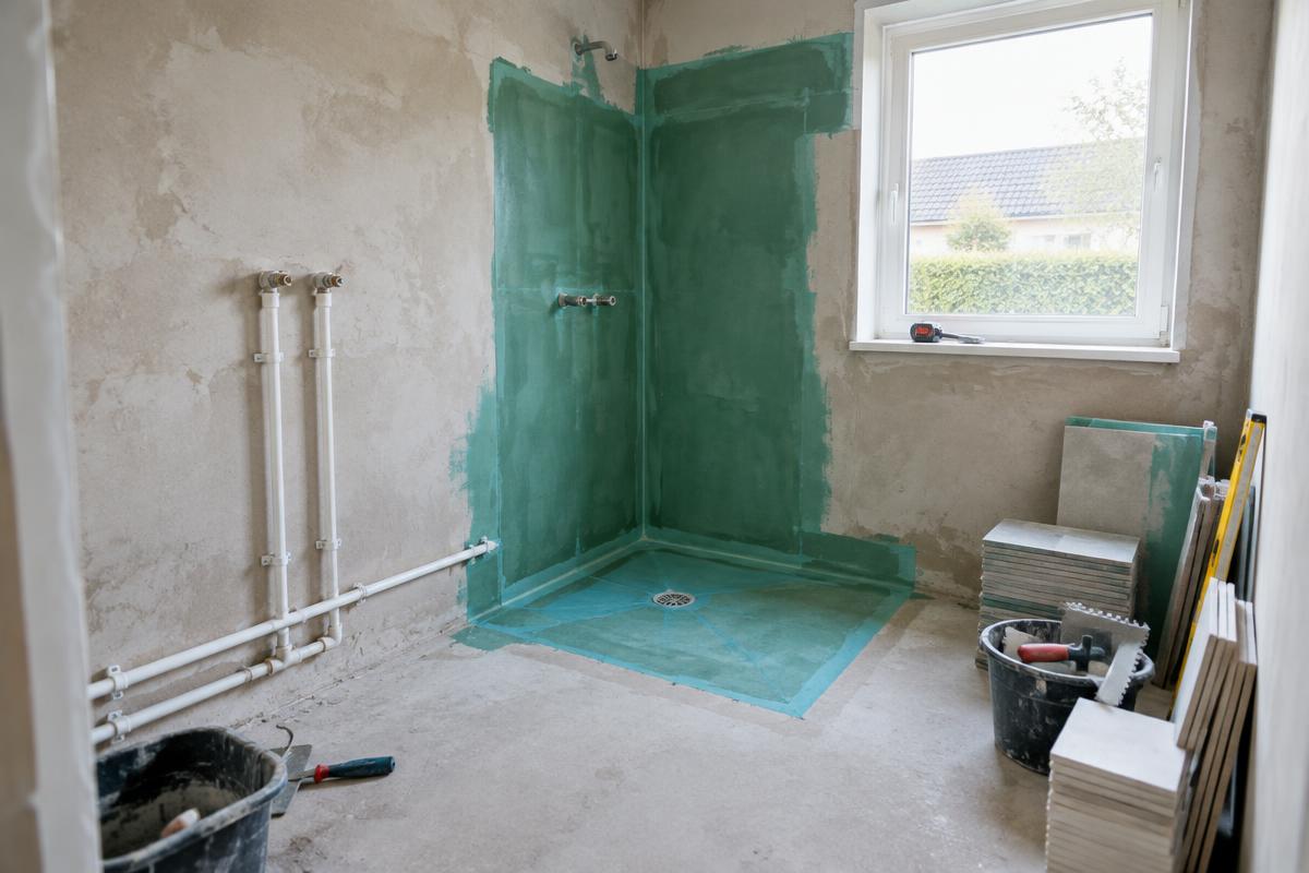 Badeværelse under renovering med vådrumsmembran, gulvafløb og nye rør