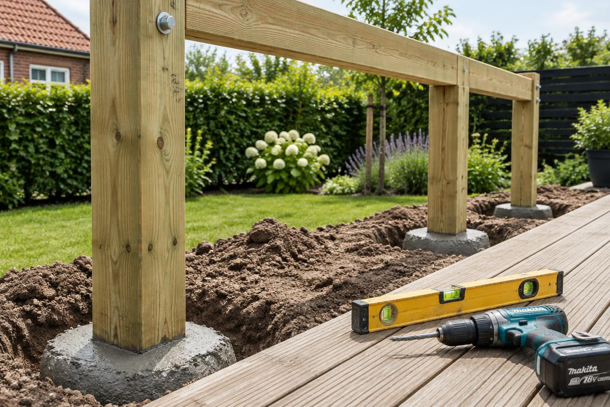 Træpergola under opbygning med stolper i nystøbte punktfundamenter og vaterpas på terrassebrædderne