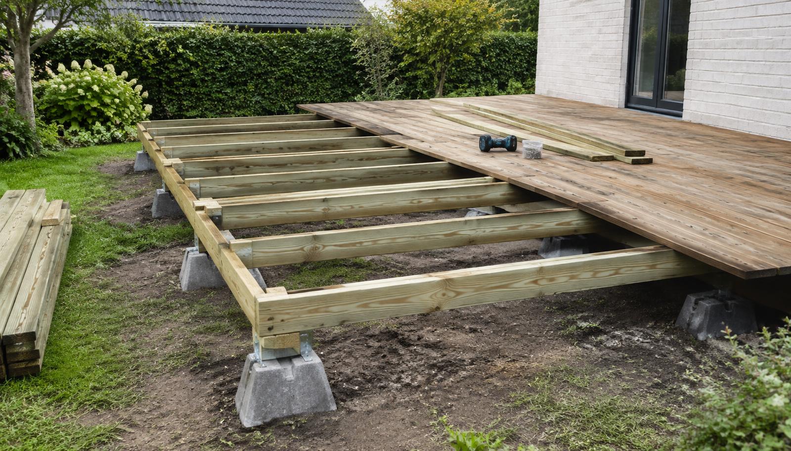 Træterrasse under opbygning med bærebjælker på punktfundamenter og delvist lagte terrassebrædder